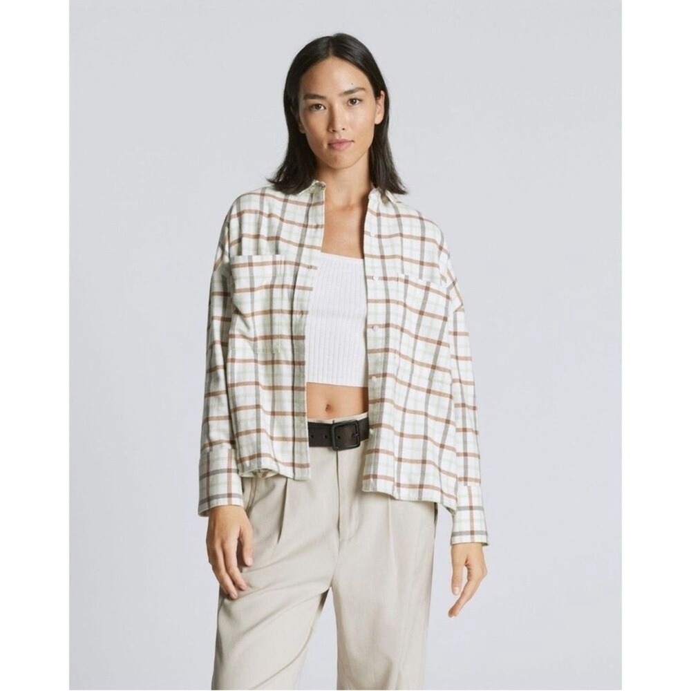 Everlane Boxy Flannel Button Down Shirt NWT Size Small Cream Brown Plaid Cozy